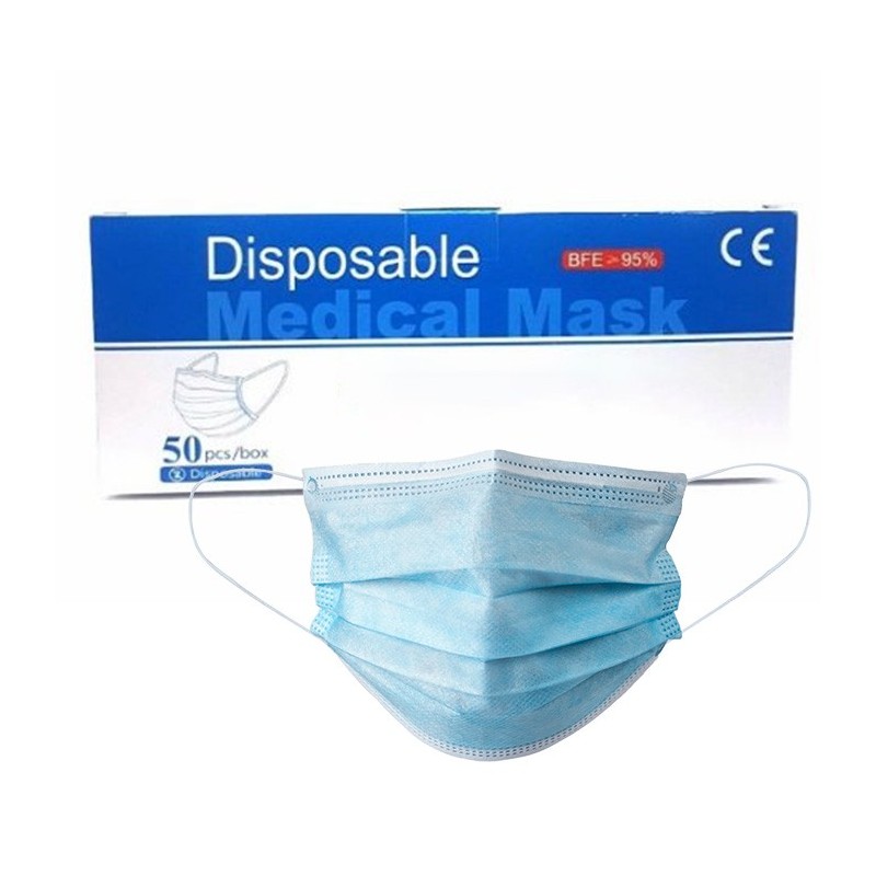 Blue Face Mask 3ply Disposable Elastic Loop Pack 50 pcs